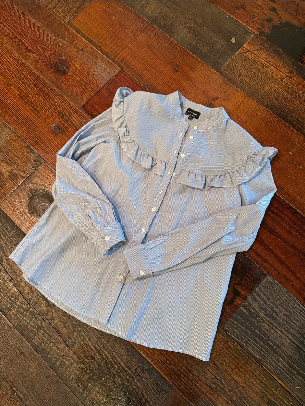 Reserved Light Blue Ruffle Yoke Button-Front Blouse
